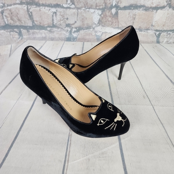 Charlotte Olympia Kitty Cat Embroidered Velvet Pump Black Gold Size 36/6 - Picture 8 of 16